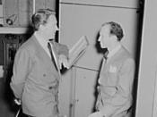 Spencer Tracy, narrator and Garson Kanin, director, at the Long Island Studios of the Army Signal Corps for the recording of Spencer Tracy's narration of the 