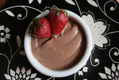 English: Chocolate mousse with strawberries prepared using silken tofu and soy milk (vegetarian and vegan)