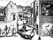 This popular print shows the attempted assassination of Coligny at left, his subsequent murder at right, and scenes of the general massacre in the streets.
