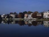 Seen from the Chester River, a partial view of the historic, colonial era waterfront of Chestertown, Maryland, United States.