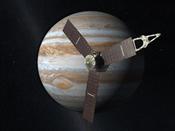 English: The Juno spaceprobe in front of the planet Jupiter (Artist's Concept). Note: The appearance of Jupiter in this image is correct (not mirrored like in JUNO - PIA13746.jpg file). Polski: Sonda Juno na orbicie wokół Jowisza (wizja artystyczna)