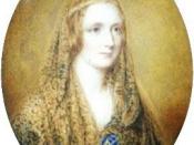 Reginald Easton painted this miniature portrait of Mary Shelley, on a flax coloured background. It incorporates a circlet backed by blue, the same seen in the Rothwell painting and a shawl. (Seymour, Mary Shelley, p 543)