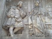 English: Christopher Colombus and Queen Isabella of Castile. Detail of the monument to Colombus at the Plaza de Colón (