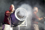 English: RIVERSIDE, Calif., (Oct. 13, 2010) General Atomics technician Rigo Brambila, left, and scientist Rick Lee fire smoke rings at the audience during the 11th annual Science and Technology Education Partnership (STEP) Conference. The event, sponsored