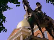 English: Equestrian statue of Joseph Hooker outside Massachusetts Statehouse.