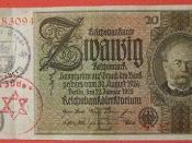 GERMANY 1929, OBSOLETE 20 REICHSMARK PAPER BILL USED WITH TWO INK STAMPS FOR USE IN A JEWISH GHETTO OR CONCENTRATION CAMP side A