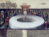 The Round Table experience a vision of the Holy Grail. From a 15th century French manuscript.