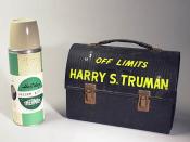 English: Lunch box Made by American Thermos Products Company Hand lettered in yellow paint, 