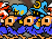 The Light Warriors, riding blue Chocobos. From left to right: Red Mage, Thief, Black Mage and Fighter.
