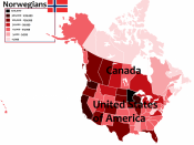 English: A map of the United States and Canada with number of Norwegian Americans and Norwegian Candians in every state and province including Washington, D.C.