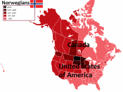 English: A map of the United States and Canada with percentage of Norwegian Americans and Norwegian Candians in every state and province including Washington, D.C.