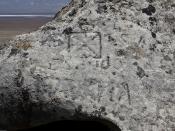 It was speculated that this petroglyph might have been added by early Spanish explorers. Pictographs on Painted Rock at the Carrizo Plain National Monument, on BLM property near Soda Lake.