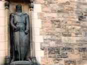 Carrick's 8-foot bronze of Sir William Wallace, at Edinburgh Castle. Carrick was criticised over the proportions of this figure, but it may be that he was subtly adapting the proportions of the body to the stones of the wall itself, thus integrating Walla