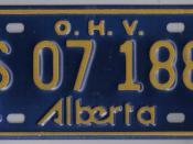 English: In 1974 Alberta issued it's first O.H.V. (offroad vehicle plate) as now snomobiles and dirt bikes were also licensed as off highway vehicles as only snowmobiles had been prior to 1974.