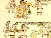 An illustration from Codex Mendoza depicting elderly Aztecs smoking and drinking pulque.