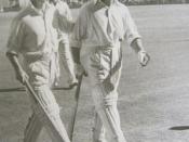 English: Don Bradman and Sid Barnes walk from the field in the match when both scored 234 v England in Australia