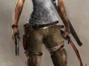 A conceptual render of Lara Croft in Tomb Raider. She wields a bow, pistol and climbing axe.