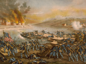 English: Battle of Fredericksburg: The Army of the Potomac crossing the Rappahannock: in the morning of December 13, 1862, under the command of Generals Burnside, Sumner, Hooker & Franklin.