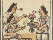 Aztec women are handed flowers and smoking tubes before eating at a banquet, Florentine Codex, 1500