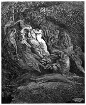 Gustave Doré's illustration to Dante's Inferno. Plate XVIII: Canto V: Dante is so overcome by the sad tale of Francesca di Rimini that he faints. Yes really. And he fainted as he was being brought into Limbo, too. What is this, a romance novel? Let's chec