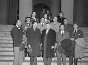 The Hollywood Ten in November 1947 waiting to be fingerprinted in the U.S. Marshal's office after being cited for contempt of Congress. Front row (from left): Herbert Biberman, attorneys Martin Popper and Robert W. Kenny, Albert Maltz, Lester Cole. Middle
