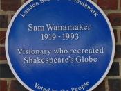 Blue plaque to Sam Wanamaker near the re-created Shakespeare's Globe Theatre, Bankside, London, England. American actor and director Sam Wanamaker was instrumental in the rebuilding of the theatre.