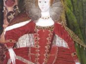 Portrait of Elizabeth I of England in Parliament robes with a column decorate with medallions representing the cardinal virtues of Justice, Prudence, Temperance and Fortitude and theological virtues of Faith, Hope and Charity.