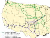English: Map of the merger of the Burlington Northern Railroad and the Atchison, Topeka and Santa Fe Railway to form the BNSF Railway. See the map legend for details. Created with Quantum GIS with data from the National Transportation Atlas Database.