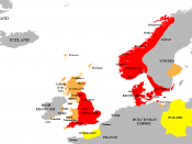 English: Cnut the Great's domains, c. 1028, in red. Vassals are denoted in orange, with other allied states in yellow. Category:History maps bu User:Briangotts