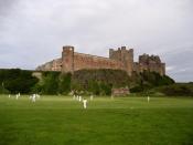 English: Cricket Match, Bamburgh Could there ever be a more impressive setting for a cricket match?