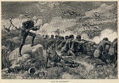 Allan Quatermain orders his men to fire in this illustration by Thure de Thulstrup from Maiwa's Revenge (1888).