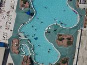 An above view of a roof-top swimming pool when looking down from the top of the Stratosphere in Las Vegas, NV.