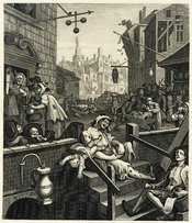 William Hogarth's engraving Gin Lane, as reproduced by Samuel Davenport for his 1807 collection of Hogarth's works. A response to the Gin Craze that hit London in the 18th century, and was blamed for public drunkenness and numerous social problems.