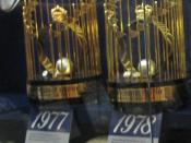 English: the New York Yankees' World Series trophies from 1977 and 1978 on display at the Yankees Museum in Yankee Stadium.