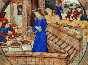 Het graan wordt over gelijke zakken verdeeld. Miniatuur in de Biblia figurata, gemaakt voor Raphaël de Mercatellis, Gent (?), eind 15e eeuw. Gent, Kathedraal, Ms. 10, fol. 74