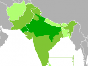 English: Map of Hindi and Urdu Speaking World. Dark green: Hindustani-speaking majority Medium green: official language Light green: Hindustani widely understood