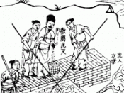 The puddling process of smelting iron ore to make wrought iron from pig iron, the right half of the illustration (not shown) displays men working a blast furnace, Tiangong Kaiwu encyclopedia published in 1637, written by Song Yingxing (1587–1666).