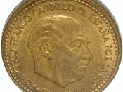 1963 Spanish peseta coin with the image of Franco saying: Francisco Franco, Leader of Spain, by the grace of God