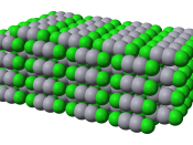 Space-filling model of part of the crystal structure of calomel, mercury(I) chloride, Hg 2 Cl 2 . Structural data from the CrystalMaker 8.1 structure library, originally from Calos N J, Kennard C H L, Davis R L (1989) Zeitschrift für Kristallographie 187: