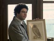 Mr Mann and his purchase, a painting of a displeased owl.