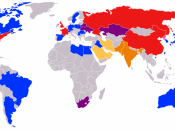 World map with nuclear weapons development status represented by color. Five 