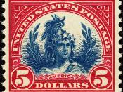 English: US Postage Stamp, Freedom, $5, blue and red