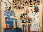 English: The god Osiris receiving offerings. Modification of File:Hieratic Book of the Dead of Padiamenet.jpg; cropped and colors enhanced