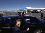 Photo of President Bush with Secret Service Agents, Presidential Limousine and Air Force One.