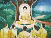 Painting of the first teaching Buddha Gautama gave after his enlightenment, at the Deer Park in Sarnath, India (close to Varanasi). The five monks in the foreground are his five old friends, who suspected that Buddha would attain enlightenment and stayed 