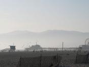 Santa Monica beach and pier, with Santa Monica Mountains in backround - Southern California, USA