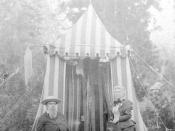 English: John and Annie Bidwell by their tent while camping. ca 1898