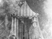 English: John & Annie Bidwell in front of their tent camping. ca. 1898