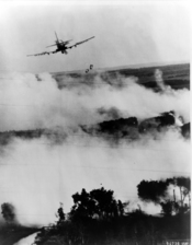 Two napalm bombs tumble from a Vietnamese Air Force A-1E Skyraider over a burning Viet Cong hideout near Cantho, South Viet Nam.