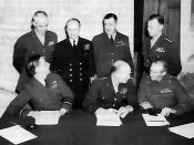 SHAEF commanders at a conference in London Seated left to right: Air Chief Marshal Tedder, General Dwight D. Eisenhower, and General Bernard Law Montgomery. Standing: General Bradley, Admiral Ramsay, Air Chief Marshal Leigh-Mallory, General Smith